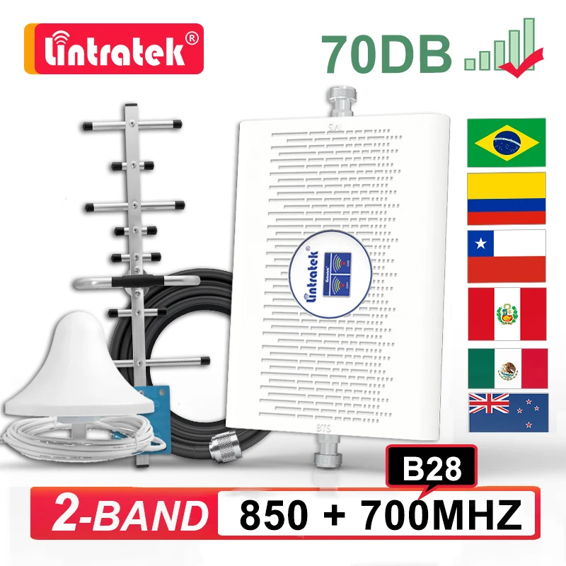 Lintratek 700 850 МГц ретранслятор сигнала Усилитель сотового телефона B28 + B5 CDMA LTE 2G 3G 4G антенна усилитель комплект для Бразилии Чили AGC 70 дБ