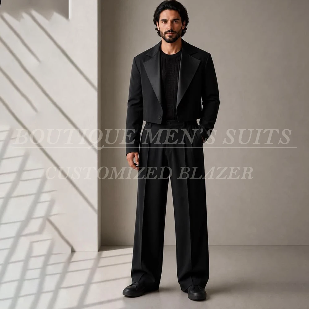 

Simple Black Men's Suits Fashion Cropped Blazer Notch Lapel One-Button 2 Piece Jacket Pants Customized Male Clothing Costume