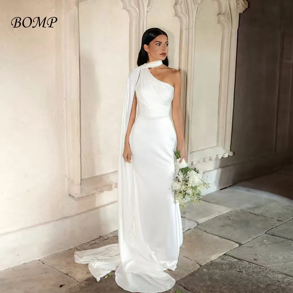 BOMP Elegante abito da sera bianco Sciarpa con scollo all'americana Sirena drappeggiato con strascico in raso Occasioni formali Abito da cerimonia nuziale personalizzato