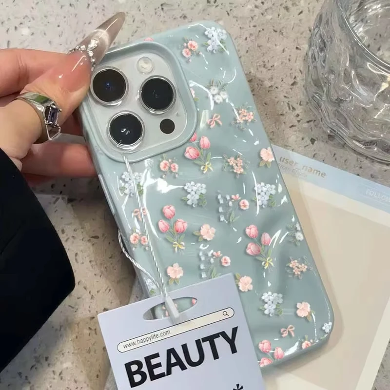 Korean Style Small Flowers Phone Case for iPhone 16 15 14 11 12 13 17 Air Pro Max 14 Plus Cute Creative Folds Texture TPU Cover