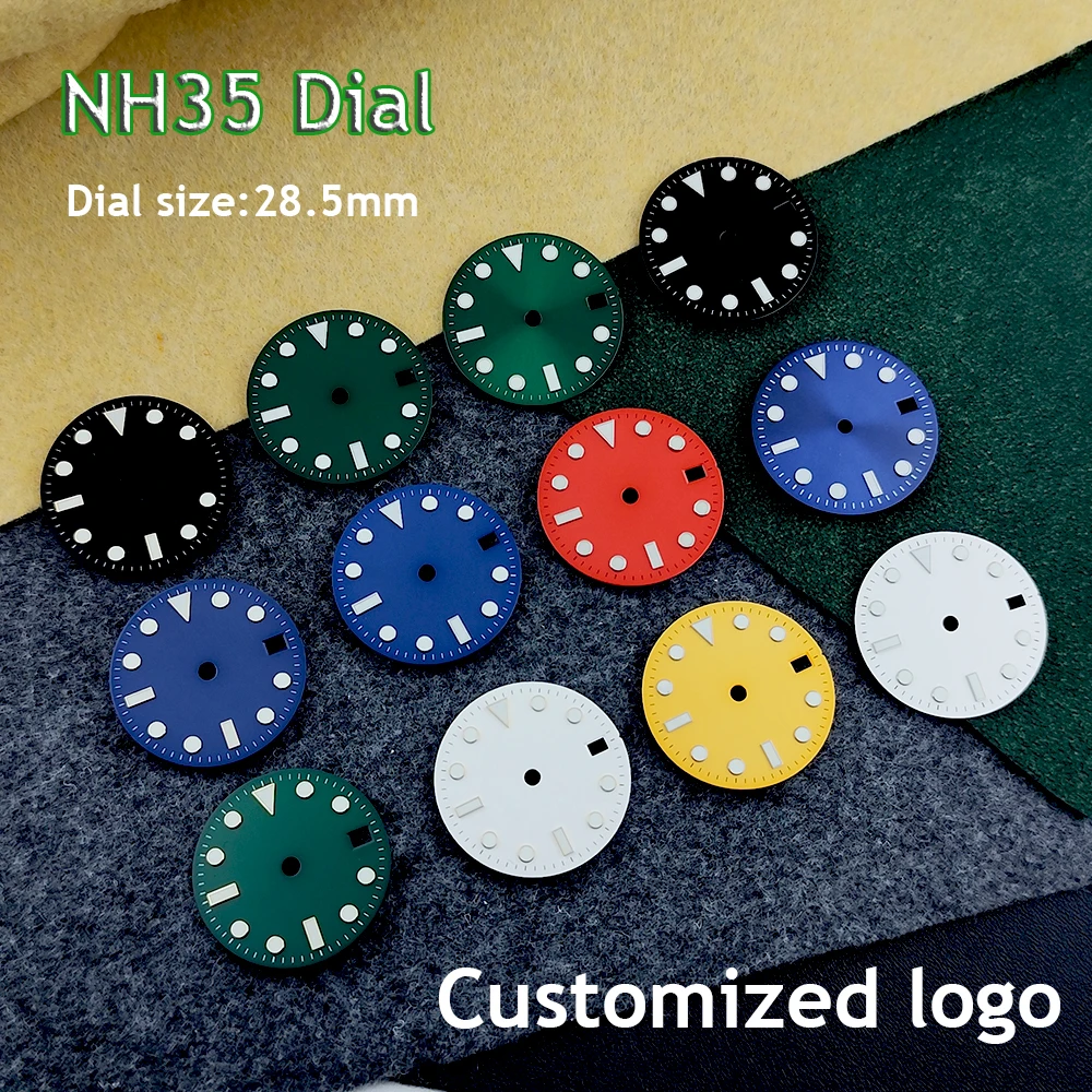 Cadran avec logo personnalisé de 28.5mm, cadran NH35, montre automatique pour hommes, cadran lumineux bleu adapté aux accessoires de montre à mouvement NH35