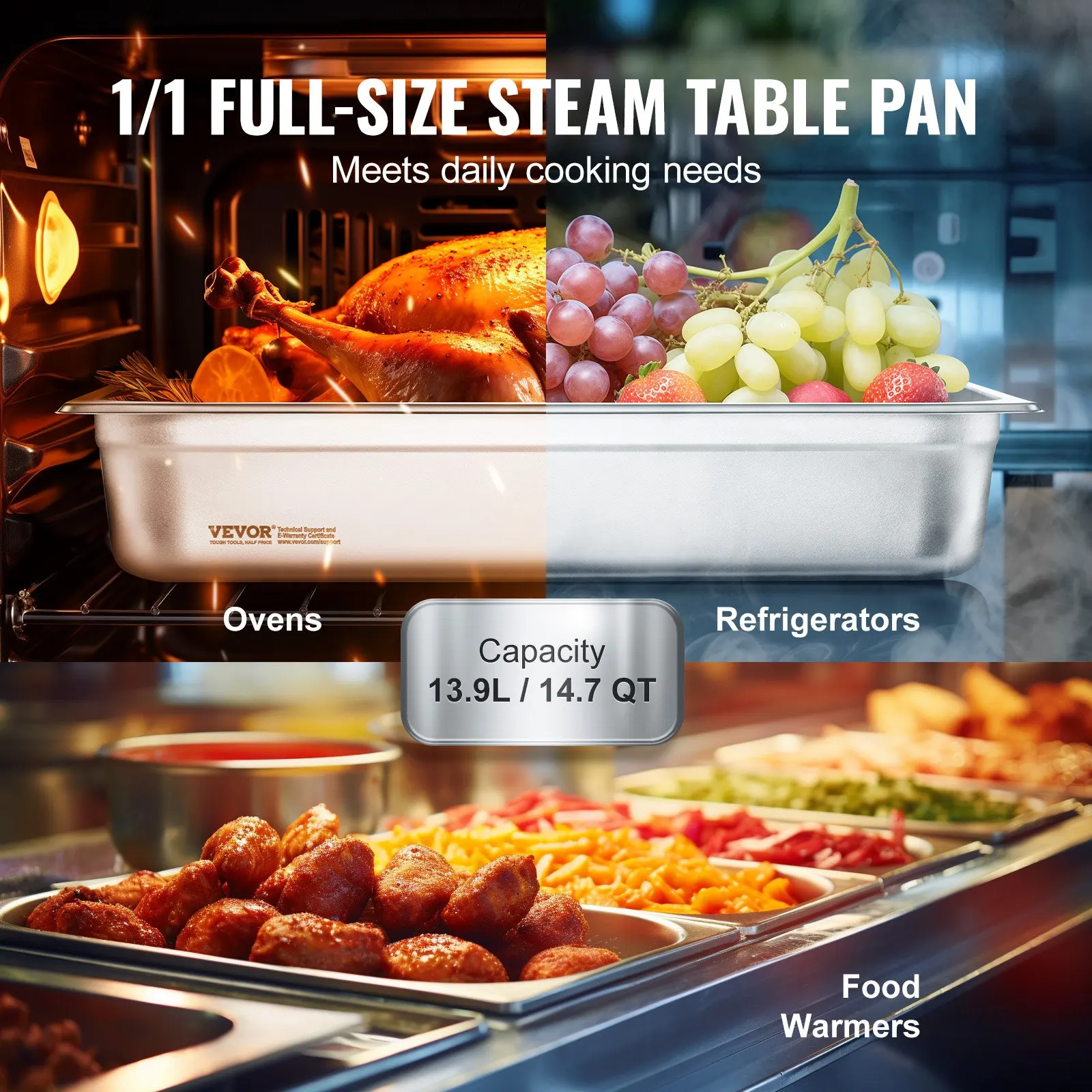 

6 Pack Hotel Pans, Full Size Anti-Jam Steam Pan, 0.8mm Thick Stainless Steel Restaurant Steam Table Pan, 4-Inch Deep Commercial