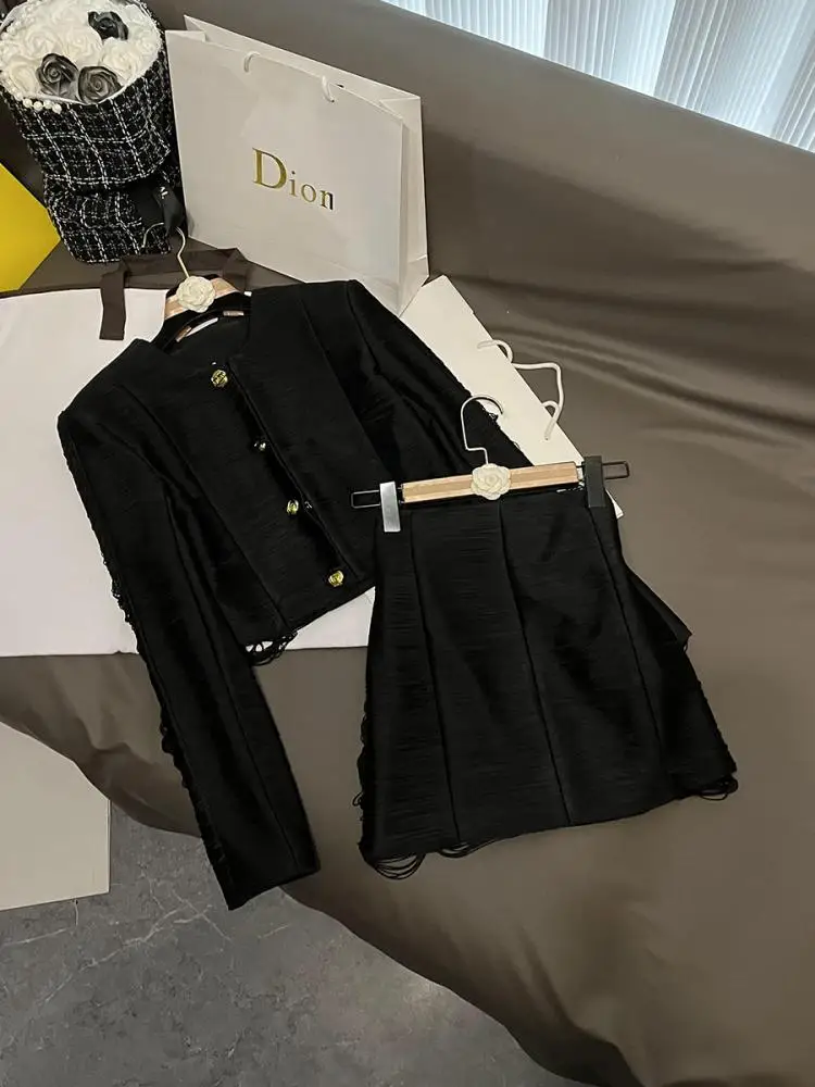 

Faionable Tassel ort Jaet Skirt Set Pink Bla 2025 Celebri Sle Commute Wind Women's Ensemble Autumn Season