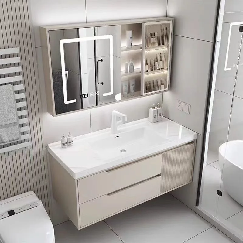 

Modern Double Deck Bathroom Cabinet Vanity Solid Wood Wall Mounted with Ceramic Basin-for family or School Application