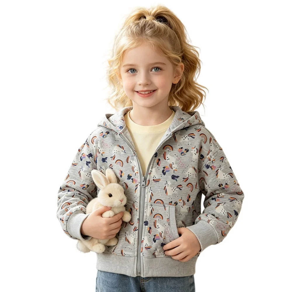 Jumping Meters 2-7T Crab Applique Outwear Baby Girls Hooded Shirts With Zipper Hot Selling Children's Jackets Outwear Spring