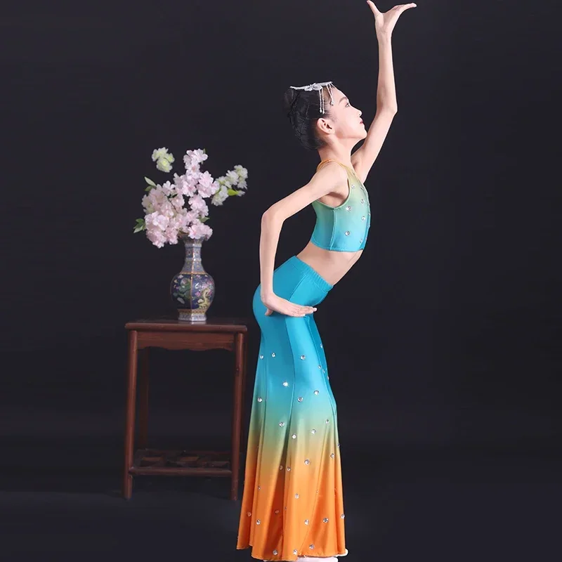 Strój narodowy dla dziewcząt do tańca pawia, rybka, Dai, taniec ludowy, kostium sceniczny do tańca pawia, występ.