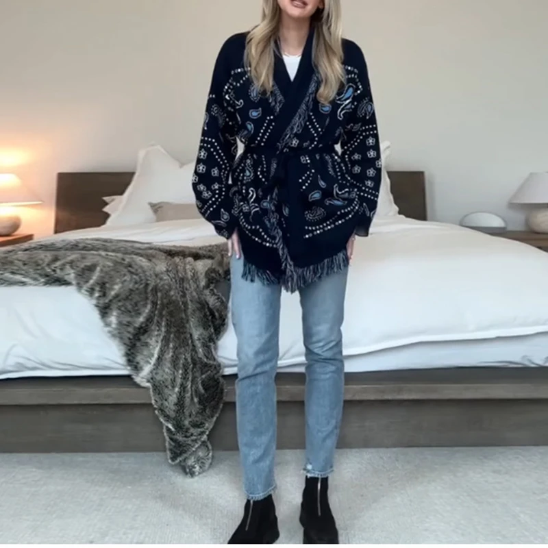 

Fashion Tassel Patchwork Printed Jackets Elegant V-neck Lace-Up Knitted Cardigan Women Casual Long Sleeve Holiday Sweater Coats