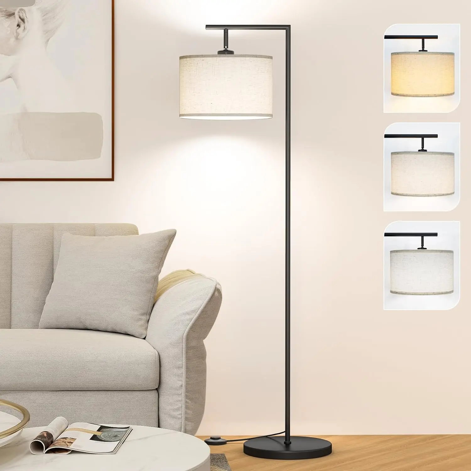 Stehlampe für Wohnzimmer mit 3 Farb temperaturen Stehlampe mit verstellbarem beige Leinen Lampen schirm hohe Lampen für Schlafzimmer