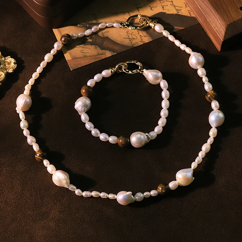 

Натуральный жемчуг, круглый тигровый глаз, камень, ожерелье и браслет, винтажный комплект ювелирных изделий из бисера ручной работы для женщин, свадебные подарки GS0234