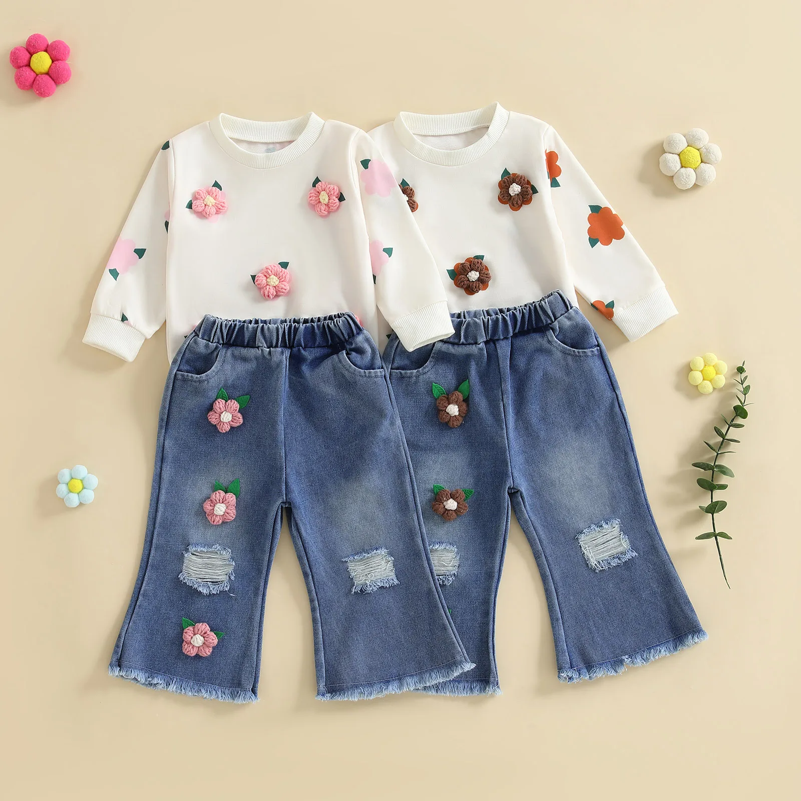 1-7Y Toddler Girls Spring Fall Outfits Crochet Flowers Long Sleeve Sweatshirt Tops Elastic Ripped Denim Flare Pants Set Clothing