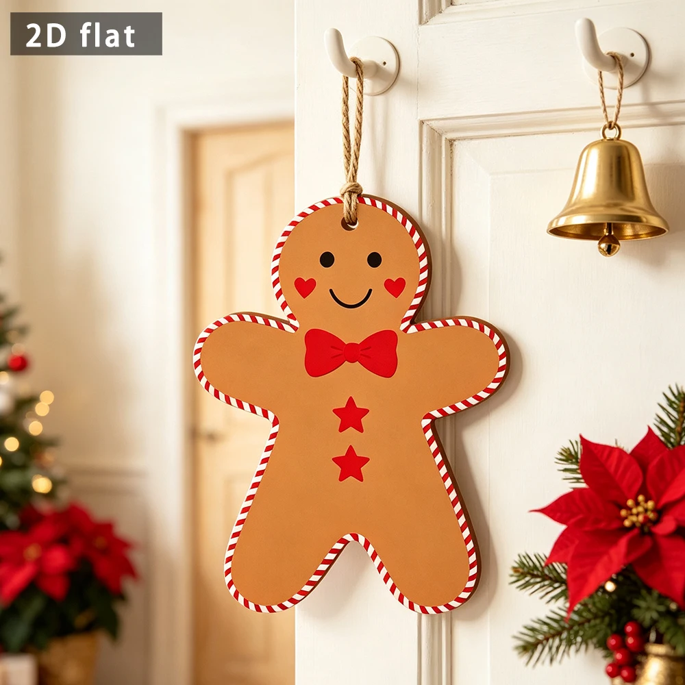 Christmas Gingerbread Man Wooden Hanging Plaque, 2D Flat Ornament with Bow Tie & Stars, Winter Holiday Door Wall Decor