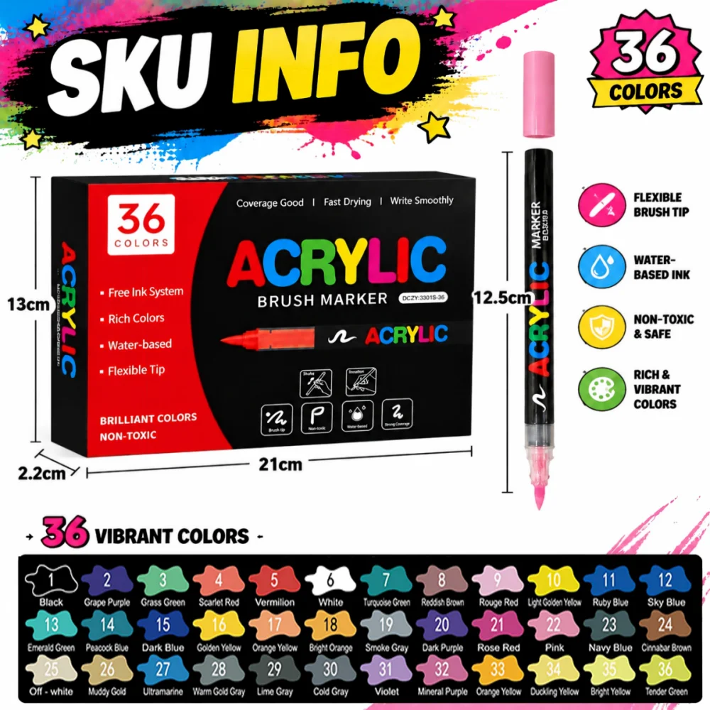 12/24/36/48/60 Farben Acrylfarbe Stifte Marker Pinselspitze Farbmarker für Stein Holz Stein Keramik Ballon Glas Geschenk DIY Handwerk – Detail 10