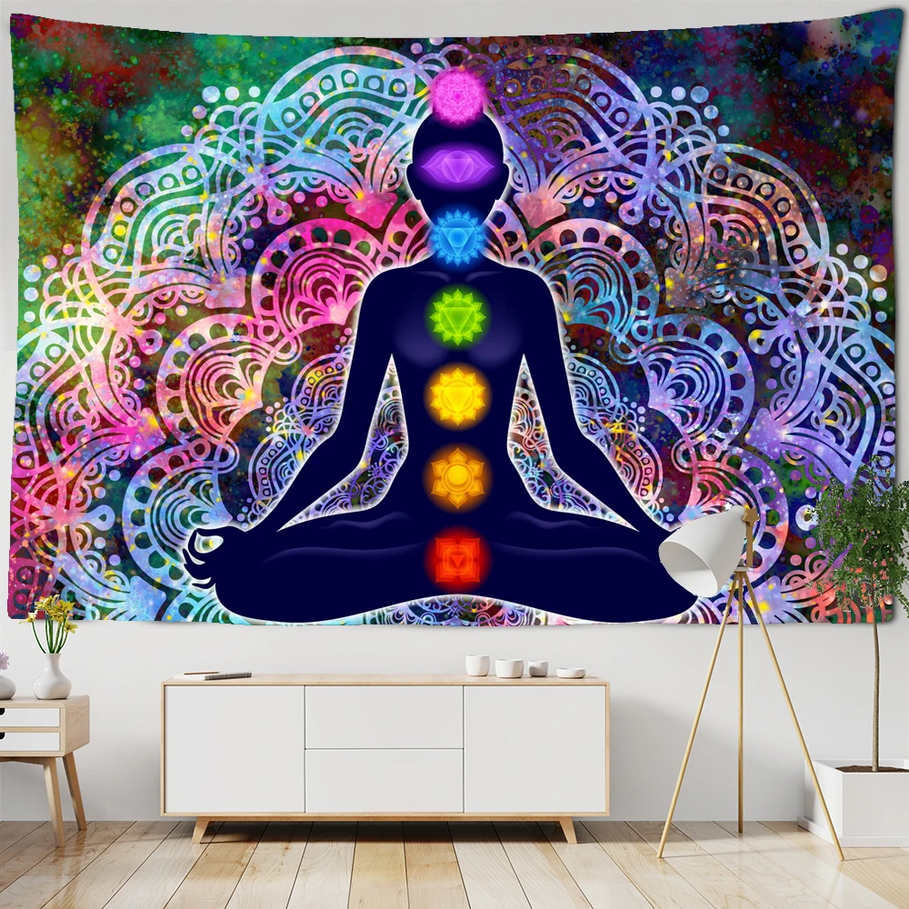 Indian Buddha Statue Meditation 7 Chakra Tapestry Wall Hanging Mandala Tapestries Wall Cloth Psychedelic Yoga Wall Hanging