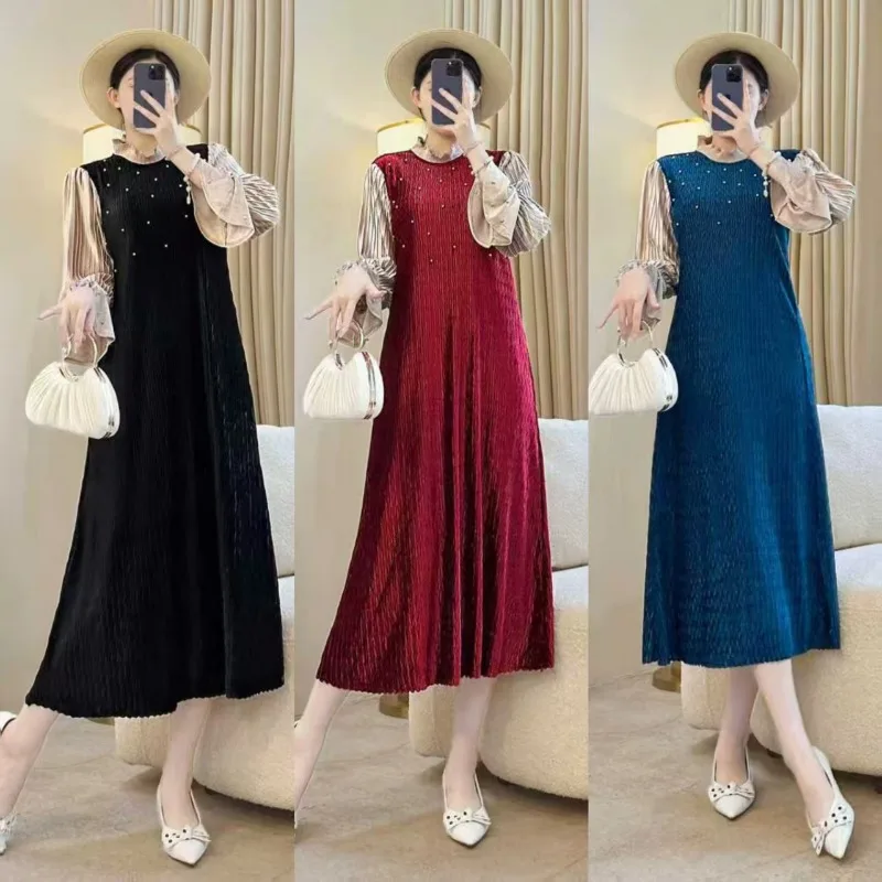 فستان مياكي مطوي مرقع مقاس كبير بأكمام واسعة على شكل حرف a فستان طويل Plisse 2025 خريف جديد ملابس نسائية غير رسمية للركاب