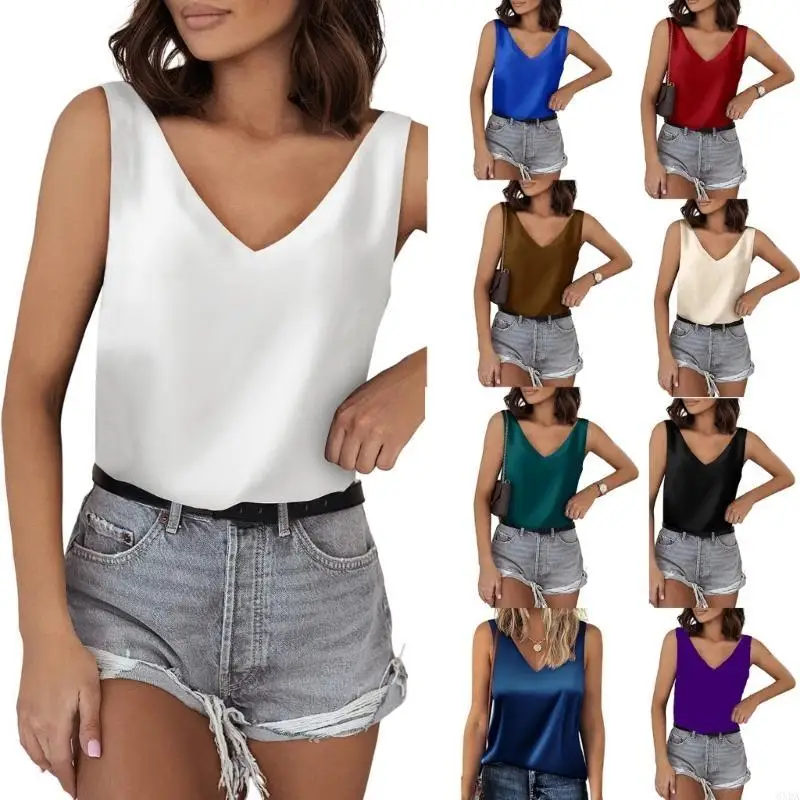 

Sleeveless V Neck Blouse Casual Shirt Solid Color Satins Tanks Top for Women 6XDA