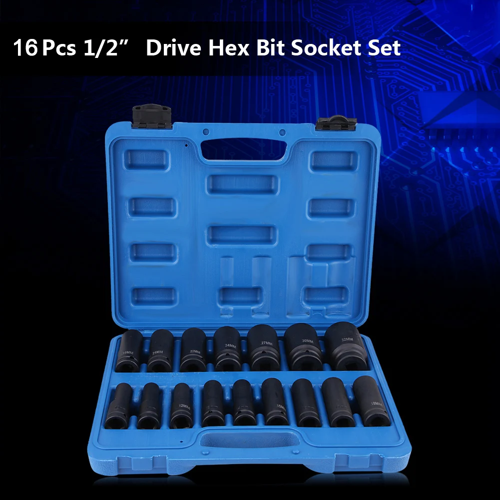 16 stks 1/2 Hex Bit Socket Air Hex Bit Socket Hex Bit Socket 1/2 "Inch Drive Air Hex Bit Socket Set Reparatie Tool Kit 10 MM-32 MM