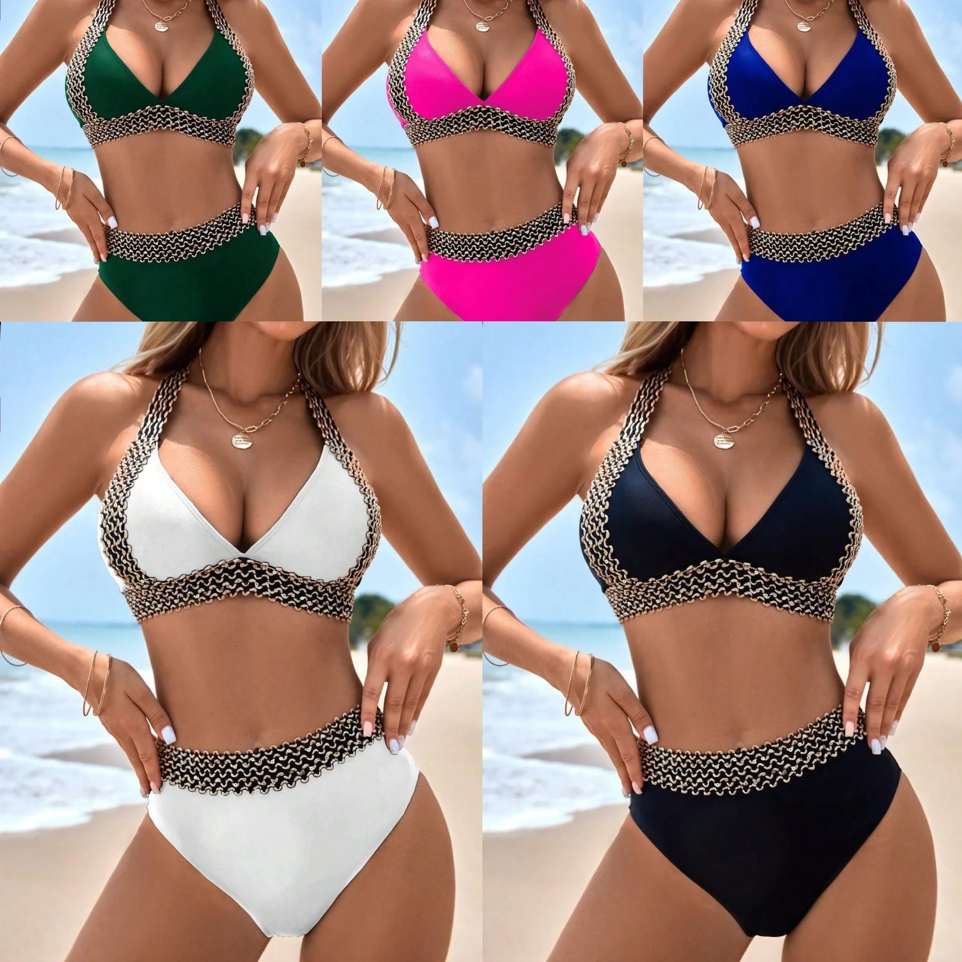 

Beach Outfits Woman Bikini Halter Neck High Waisted Bottom Bikinis Solid Color Two Piece Swimsuit Deep V Cut Swim Bikini