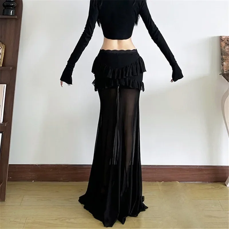 2025 New Vintage Dark Hotsweet Mesh Patchwork See Through Long Skirt Women Y2K Ruffles Package Hip Skirts Mall Gothic Streetwear