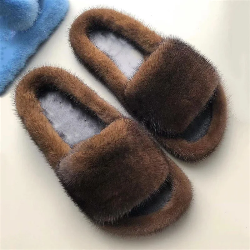 Winter Luxury Real Mink Fur Shoes For Women Sexy Designer Wedge Heel Solid Fluffy Outdoor Shoes Wholesle Mink Fur Slippers