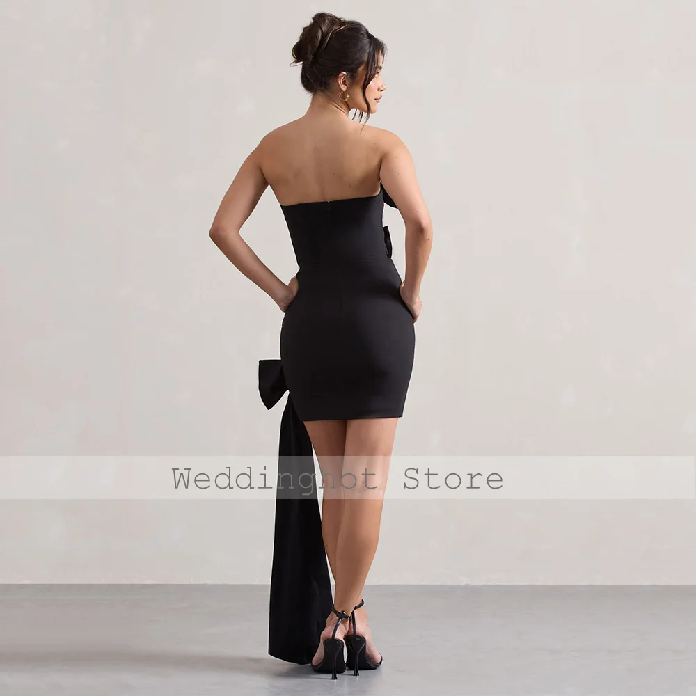 섹시한 칵테일 드레스 블랙 보우 Strapless 민소매 칼집 여성을위한 공식 파티 가운 Backless Draped Modern Cocktail Dresses