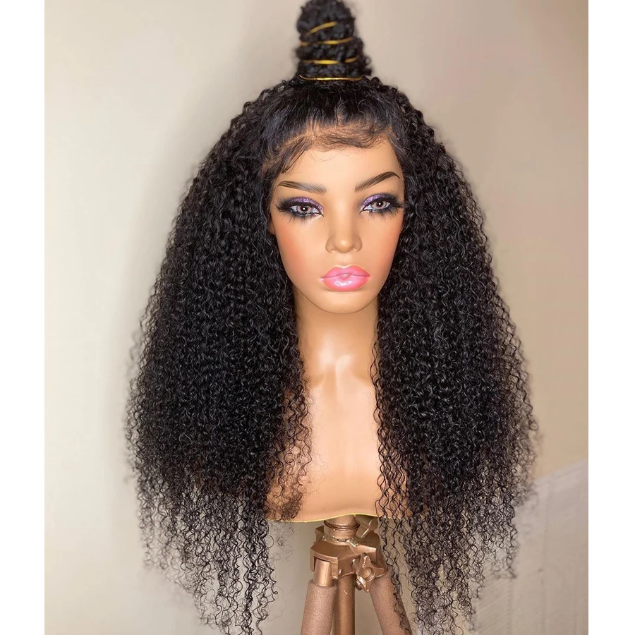 Peruca dianteira do laço longo Kinky Curly para mulheres, preto natural, cabelo do bebê, resistente ao calor, sem cola, pré-arrancadas diariamente, 180 densidade, 26"