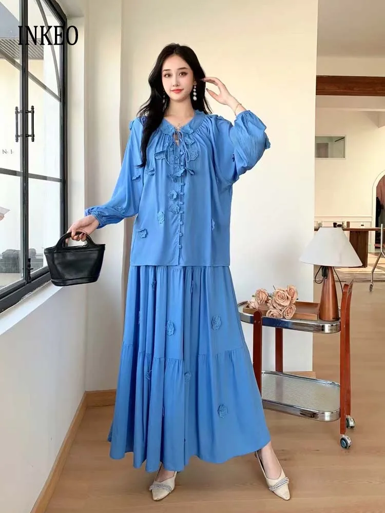 

Роскошная рубашка с цветочным принтом и длинная юбка, женские осенние однотонные топы с круглым вырезом и длинными рукавами 2025, комплект из 2 предметов INKEO 5D226