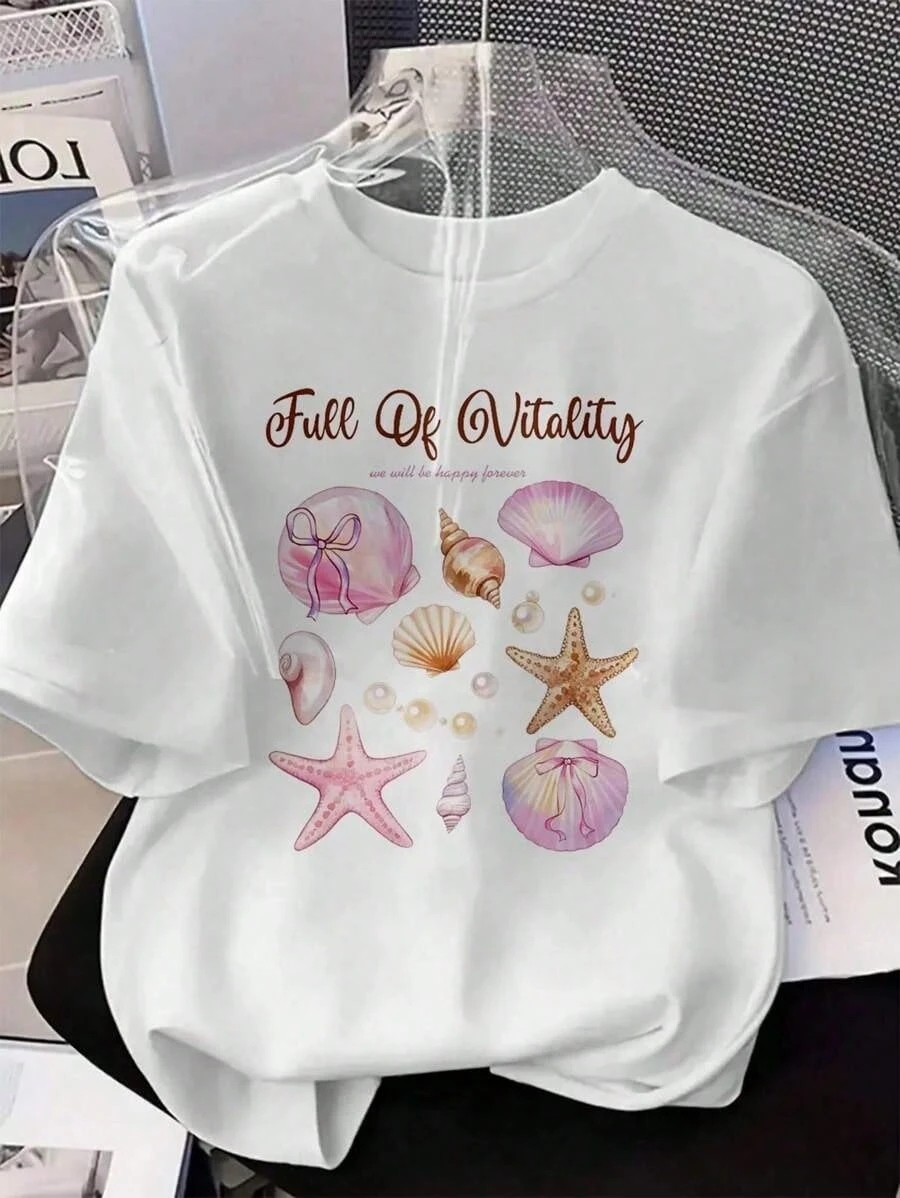 Abbigliamento estivo da donna Modello trasparente e luminoso Stampa Fresco Versatile 2026 Y2k Harajuku Casual Versatile Top a maniche corte