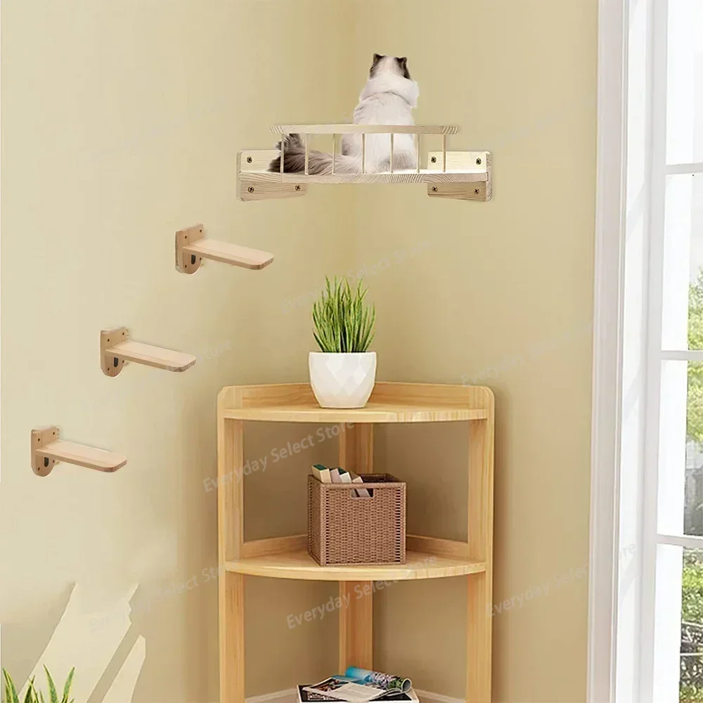 4‑Pieces Wall‑Mounted Cat‑Shelves Set, Corner Observation Platform with Auxiliary Jump‑Pad for Kitten Climbing & Resting