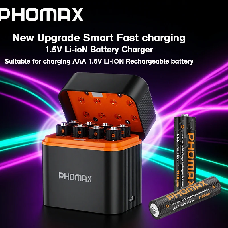 

PHOMAX Custom Eight Slots Fast Charger with LED Charging Indicator and 8 PCS 1.5v AAA Rechargeable Lithium Ion Batteries