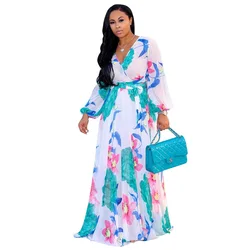 Plus size Women's Elegant Print Dress Chiffon Casual Party Dress V-Neck Tie Large Hem Dress Vacation Dress