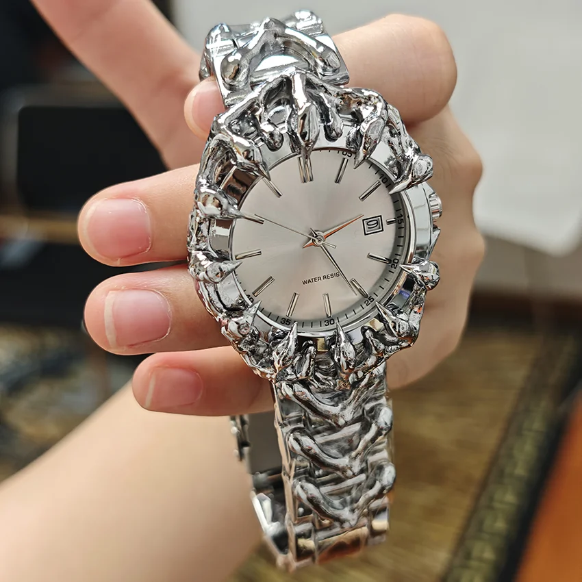 Mens Quartz Wristwatch Irregular Claw Bezel Six Colors Sunray Dial, Metal Bracelet Zinc Alloy Case Gothic Vintage Unique
