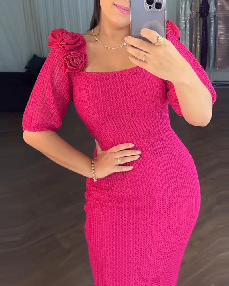 Sukienki damskie Rose Decor Eleganckie sukienki imprezowe Bodycon Fashion Square Neck Puff Sleeve Front Slitl Slim Fit Sukienka do połowy łydki dla kobiet