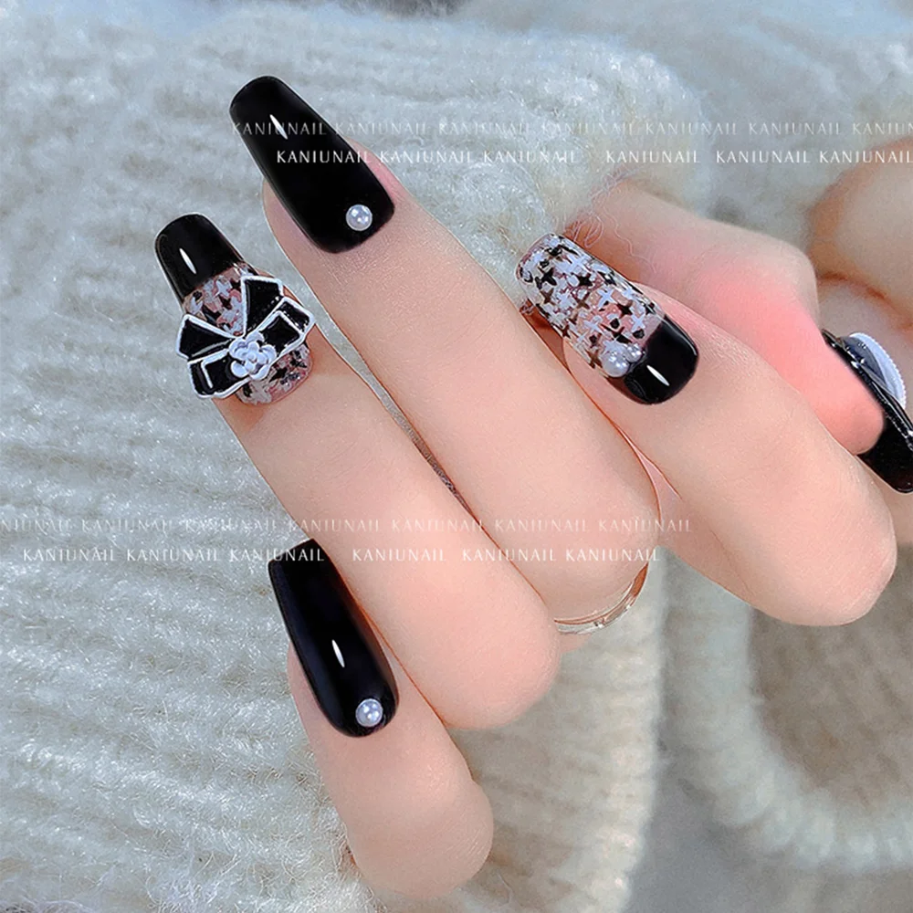 10pcs Black White Bowknot Nail Art Charms 3D French Luxurious Metal Alloy Bows With Flower Nail Rhinestone DIY Nail Accessories