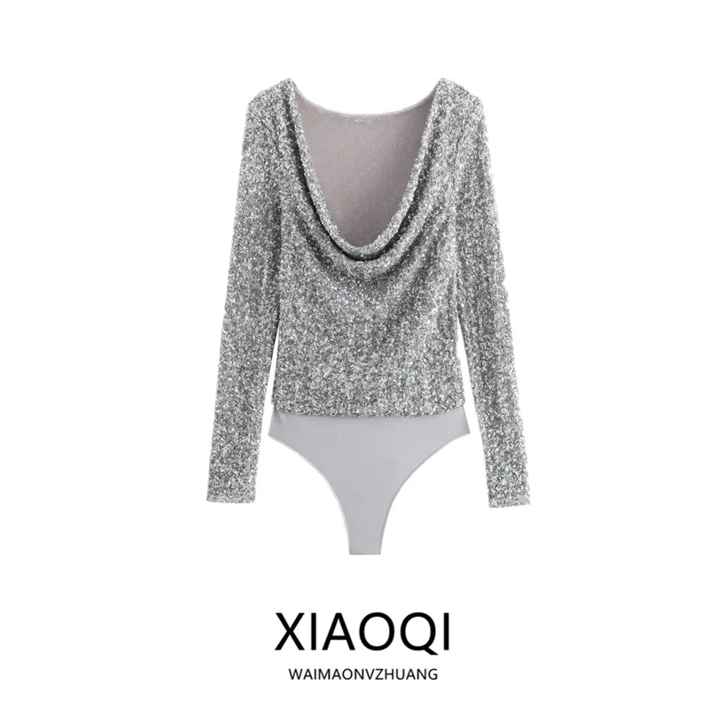 

Women's Long Sve Jumpsuit Autumn Winter New Arrival Bead Embellied Pleated Neline Drapey Polyester Midi Jumpsuit