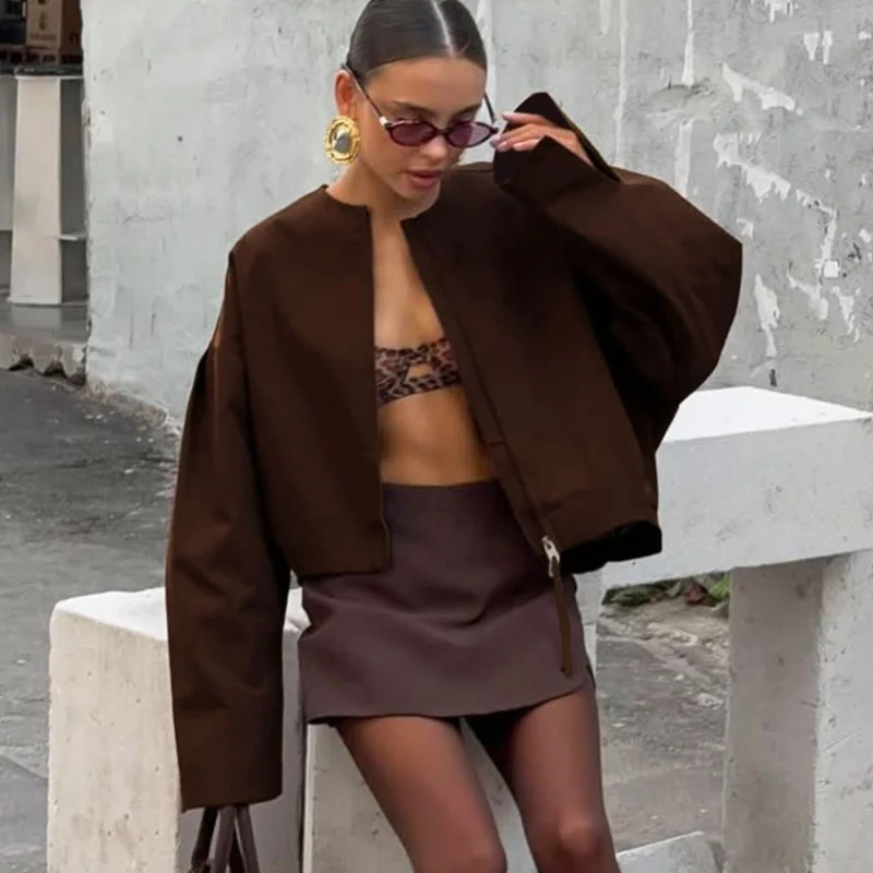 

Autumn Winter New Loose Zipper Round Neck Short Long Sleeve Women with Design Sense, Elegant and Fashionable Comm