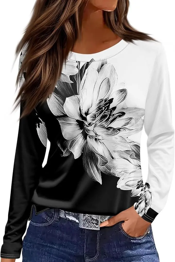 موضة زهرة شريط نمط ثلاثية الأبعاد مطبوعة المرأة طويلة الأكمام تي شيرت الخريف ملابس نسائية Casaul الجولة الرقبة النساء الملابس بلايز