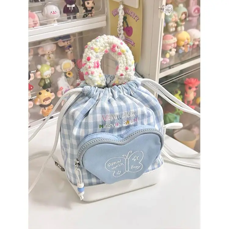 Vintage Women Denim Backpack Cute Bucket Bag Design Blue Plaid Kawaii Handbag Girls Y2k Embroidery Backpacks String Mini Bag New