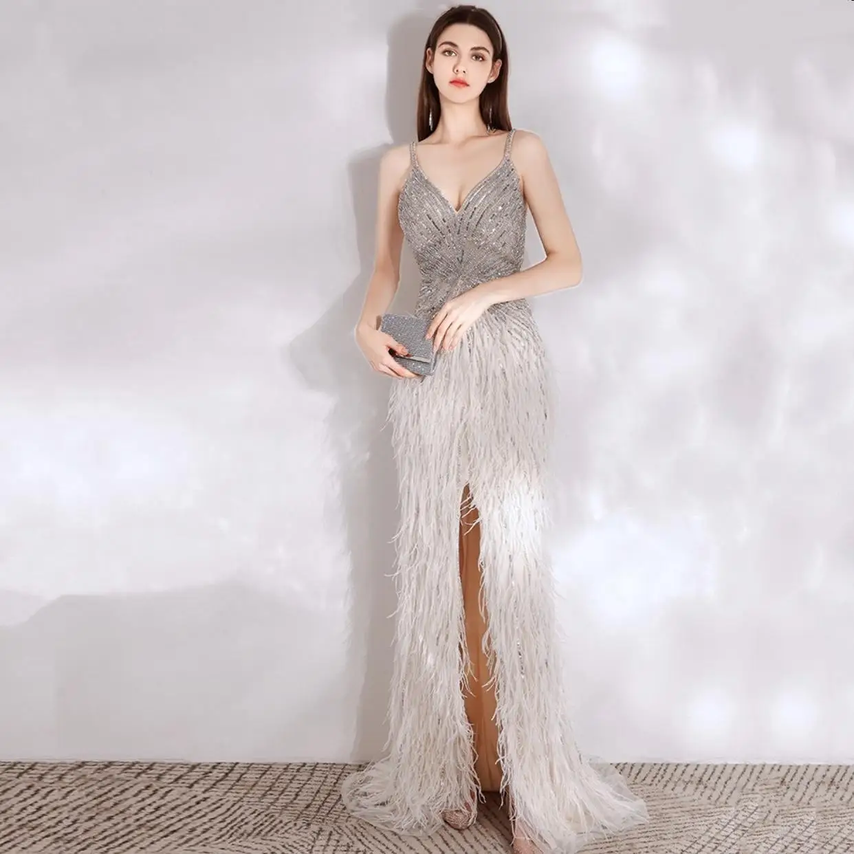 Elegant Sexy V Neck Feather Evening Dress Long Floor Length 2023 Luxury Prom Gown Vestidos De Noche Formal Occasion Dresses