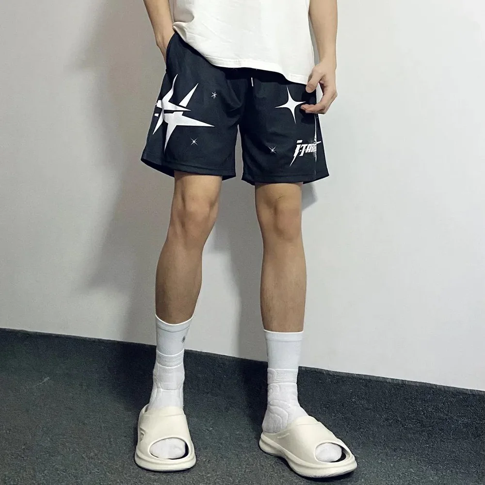 American Basketball Sports Shorts Men Trend Y2k Street Loose Pentagram Print Knee-length Pants Fitness Breathable Casual Pants
