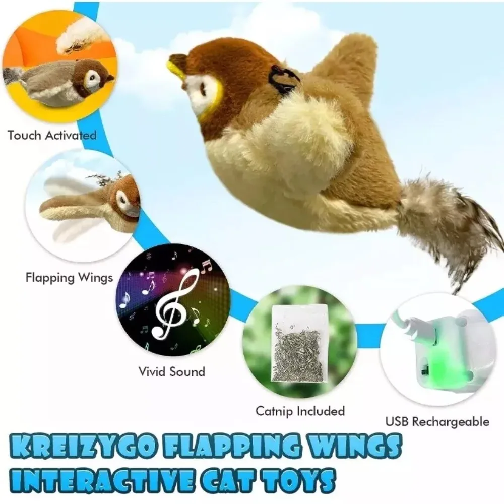 Electronic Flapping Bird Sparrow Cat Toy USB Vivid Chirping Interactive Flying Bird Cat Toys Touch-Activated Hangable