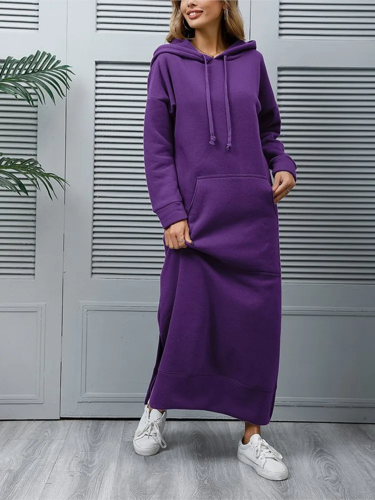 Autumn Winter New Women\'s Loose Large Knitted Hooded Long Skirt With Velvet Hoodie Casual Fashion Dress Large Pocket Skirt