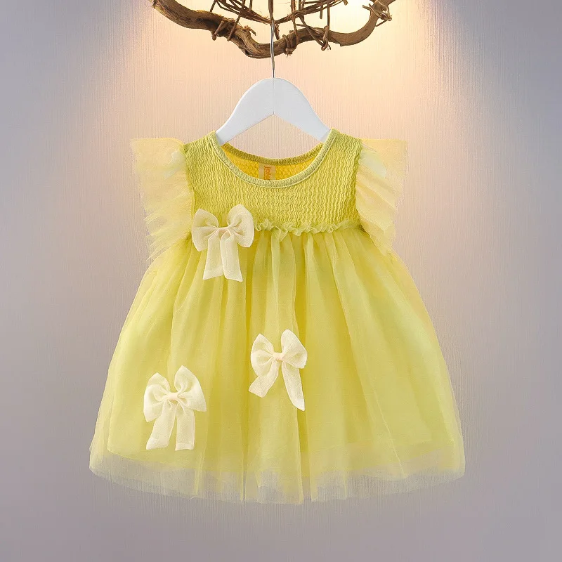 

Summer New Girl's Three Bow Decoration With Flying Sleeve Dress Baby Girl Mesh And Fluffy Cute Little Fresh Dress
