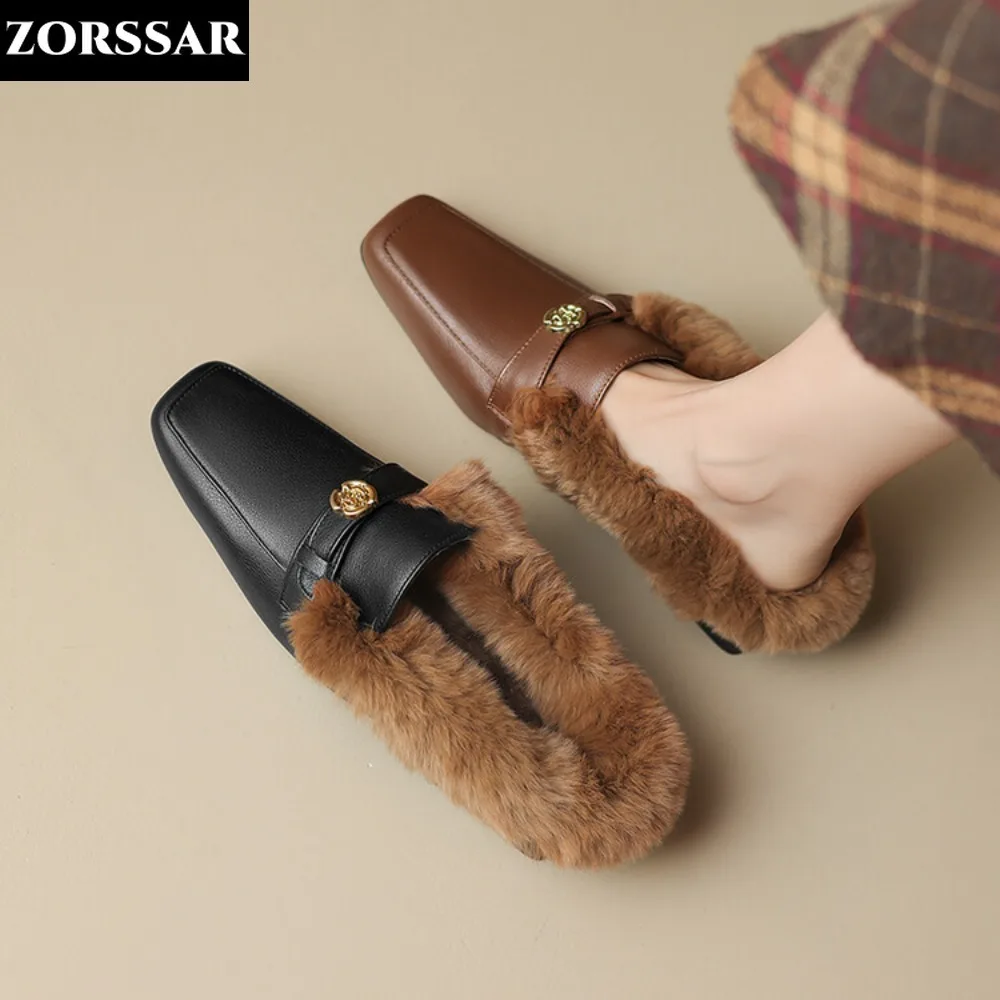 Genuine Leather Half Slippers Women Winter Fluffy Slipers Outdoor Low Heel Rabbit Hair Women Mules Slippers Fashion Women Slides