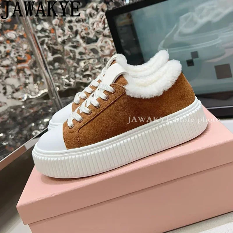 2024 Winter Thick Sole Hairy Fur Flat Shoes Women Brand Round Toe Lace Up Plush Sneakers Casual Warm Wool Platform Shoes Female