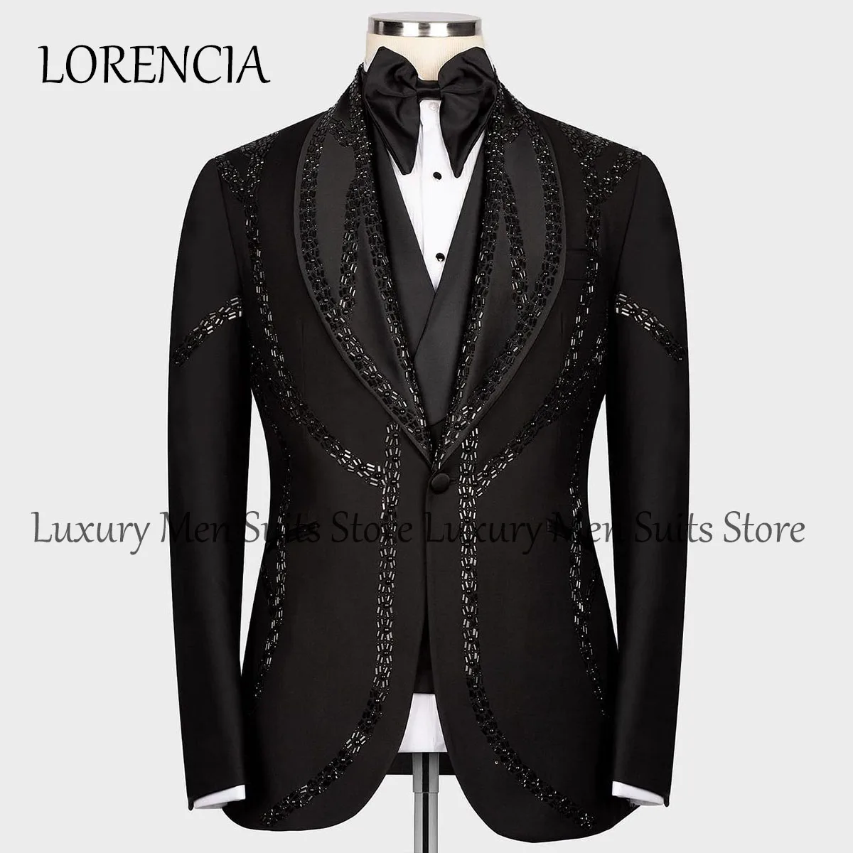 

Sparkly Black Beaded Men Suits 3 Pieces Sets Peaked Lapel Groom Tuxedos Party Prom Blazer Slim Fit Dinner Wedding Costume Homme