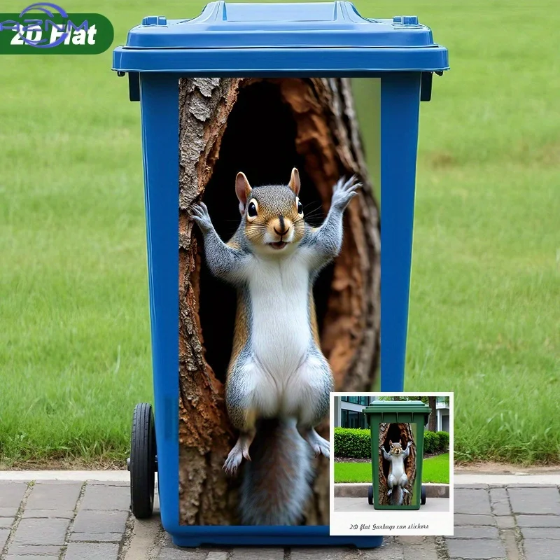 1PC Cute Squirrel Peeking From Tree Hole Pattern 2D Flat Garbage Can Sticker, 37×82cm, Self-Adhesive, Glossy Surface, Single U
