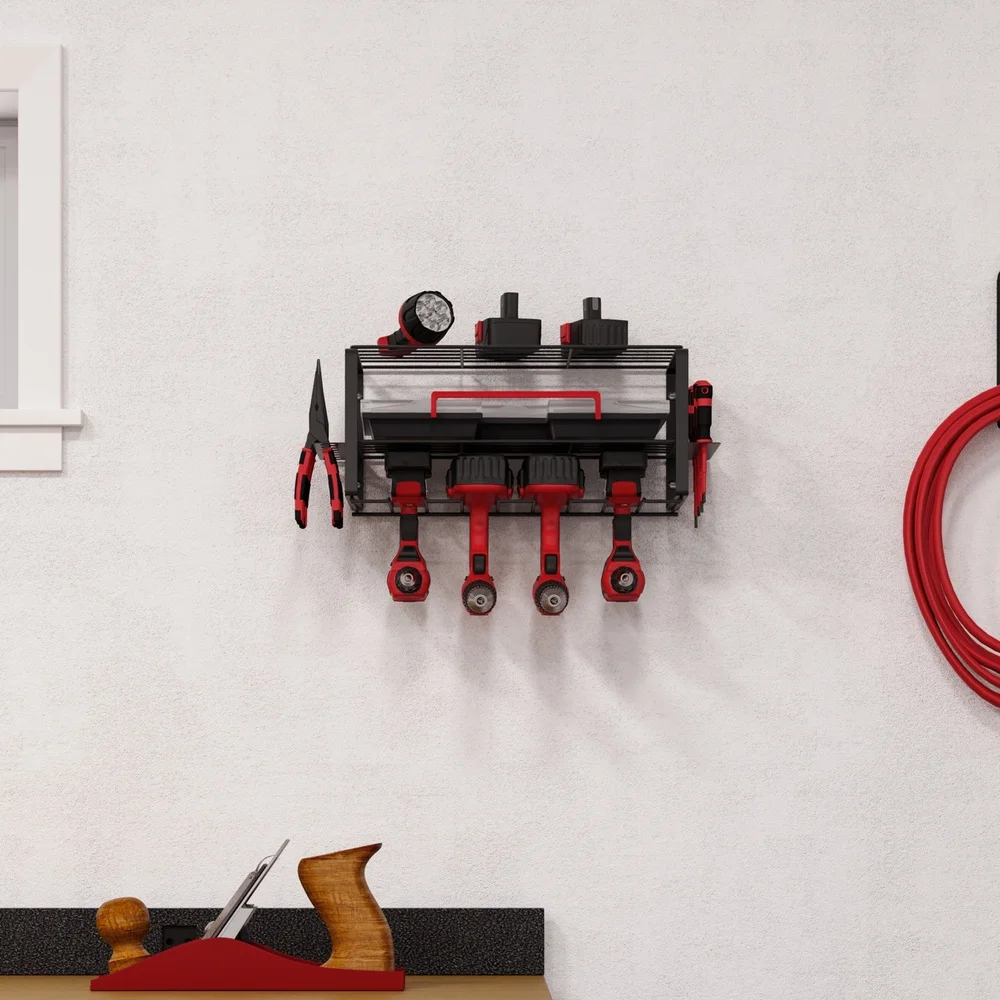 Organizzatore per attrezzi da garage a 3 livelli per carichi pesanti, ripiani per montaggio a parete con ganci, utensili elettrici e utensili manuali