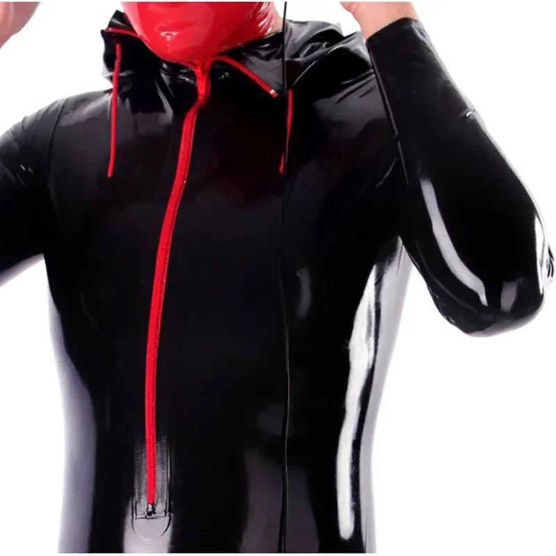 Cosplay Latex Catsuit With Hoodies Front Zippers Rubber Tracksuits Tomsuit Bodysuit Zentai Overall Body Suit