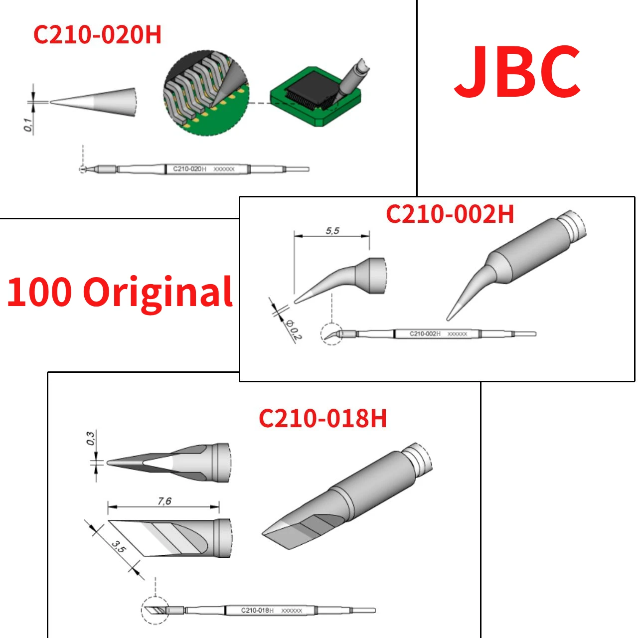 

Original JBC C210 Series Welding Head New Packaging C210-002/018/020 Soldering Iron Head For PCB Repair Tools