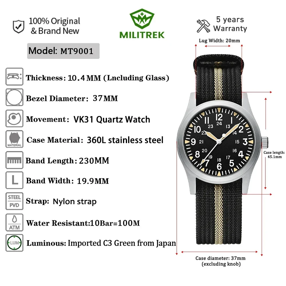 ﻿ MILITREK 2025 ใหม่ทหารRetro Men 'S VH31 ควอตซ์นาฬิกา 37Mm Sapphireสแตนเลส 100Mกันน้ําC3 Luminous reloj hombre